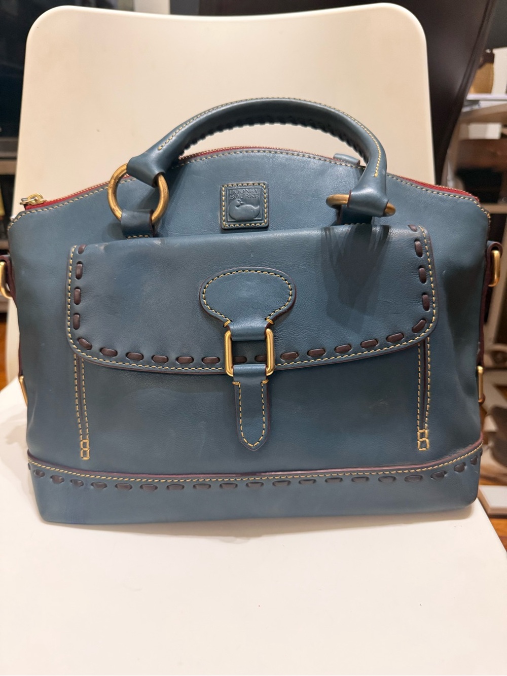 Dooney & Bourke Florentine Teal Leather Satchel with Front Flap - Picture 8 of 8